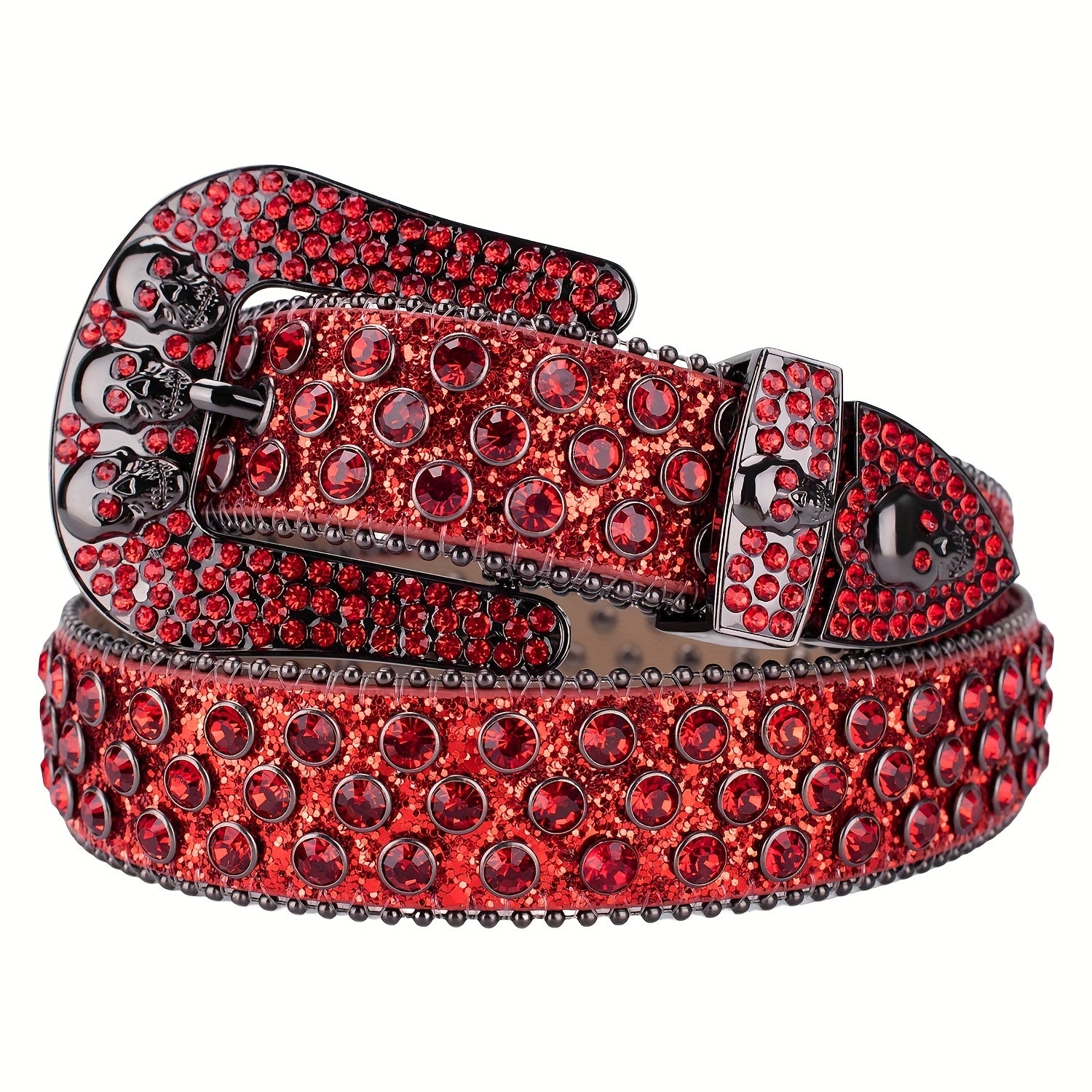 Men's Rhinestone Skull Buckle Belt Crystal Studded Leather Belt
