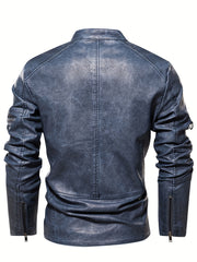 PU Biker Jacket Men's Casual Zip Up Stand Collar Faux Leather Jacket