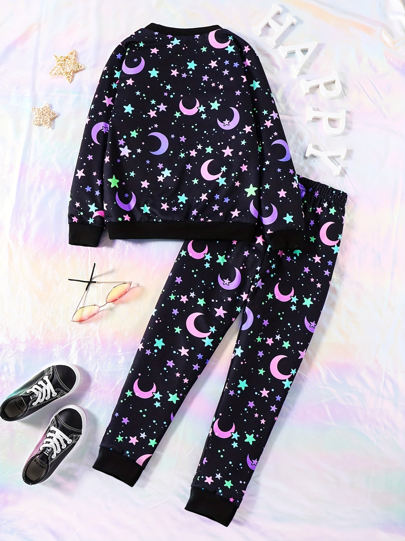 Star & Moon Reflective Girl's 2pcs Sweatshirt & Sweatpants Set