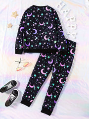 Girl's Star Moon Outfit 2pcs Sweatshirt & Sweatpants Set for Spring Fall