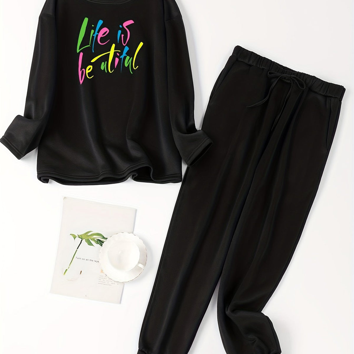 Women's Plus Size Slogan Print Fleece Lounge Set