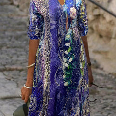 Floral Print Short Sleeve Notched Neck Dress