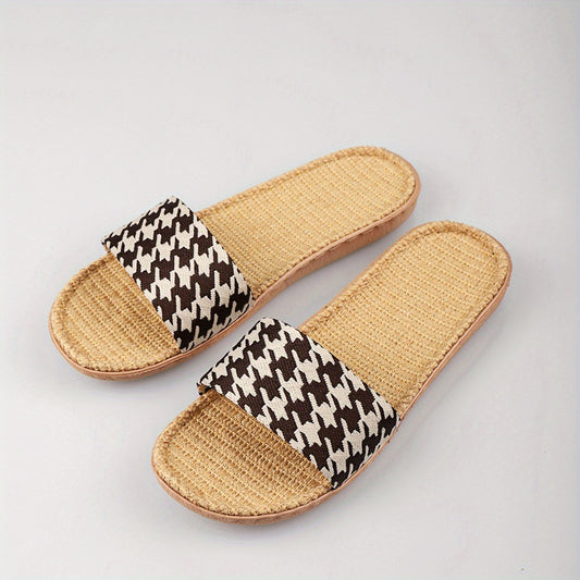Women's Houndstooth Pattern Slides Slip On Open Toe Linen Sole Shoes