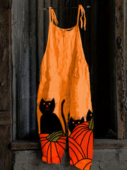  Cat & Pumpkin Print Wide Leg Jumpsuit
