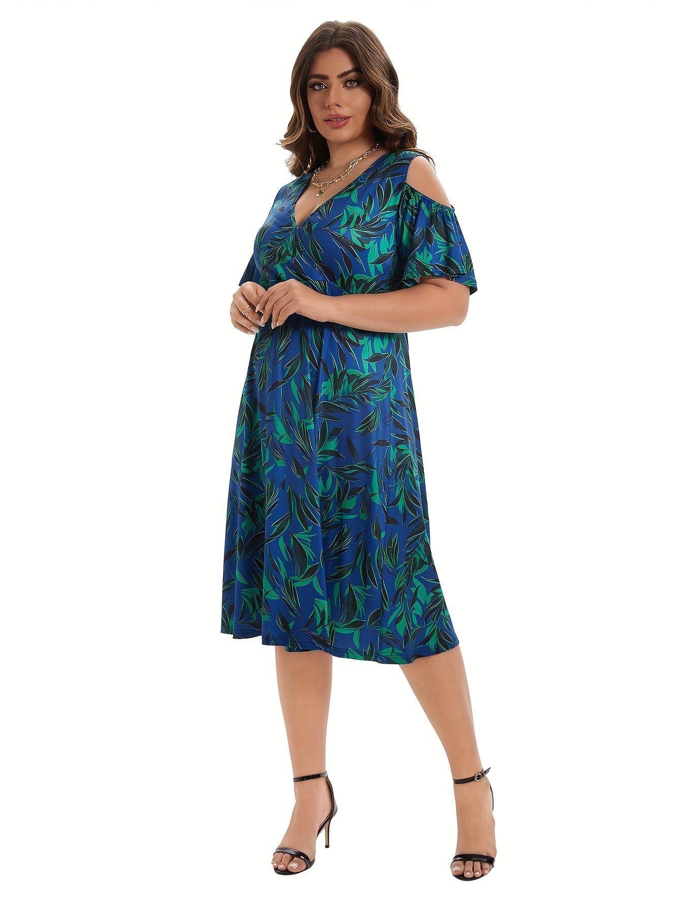 Plus Leaf Print Short Sleeve Cold Shoulder Midi Dress