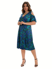 Plus Leaf Print Short Sleeve Cold Shoulder Midi Dress