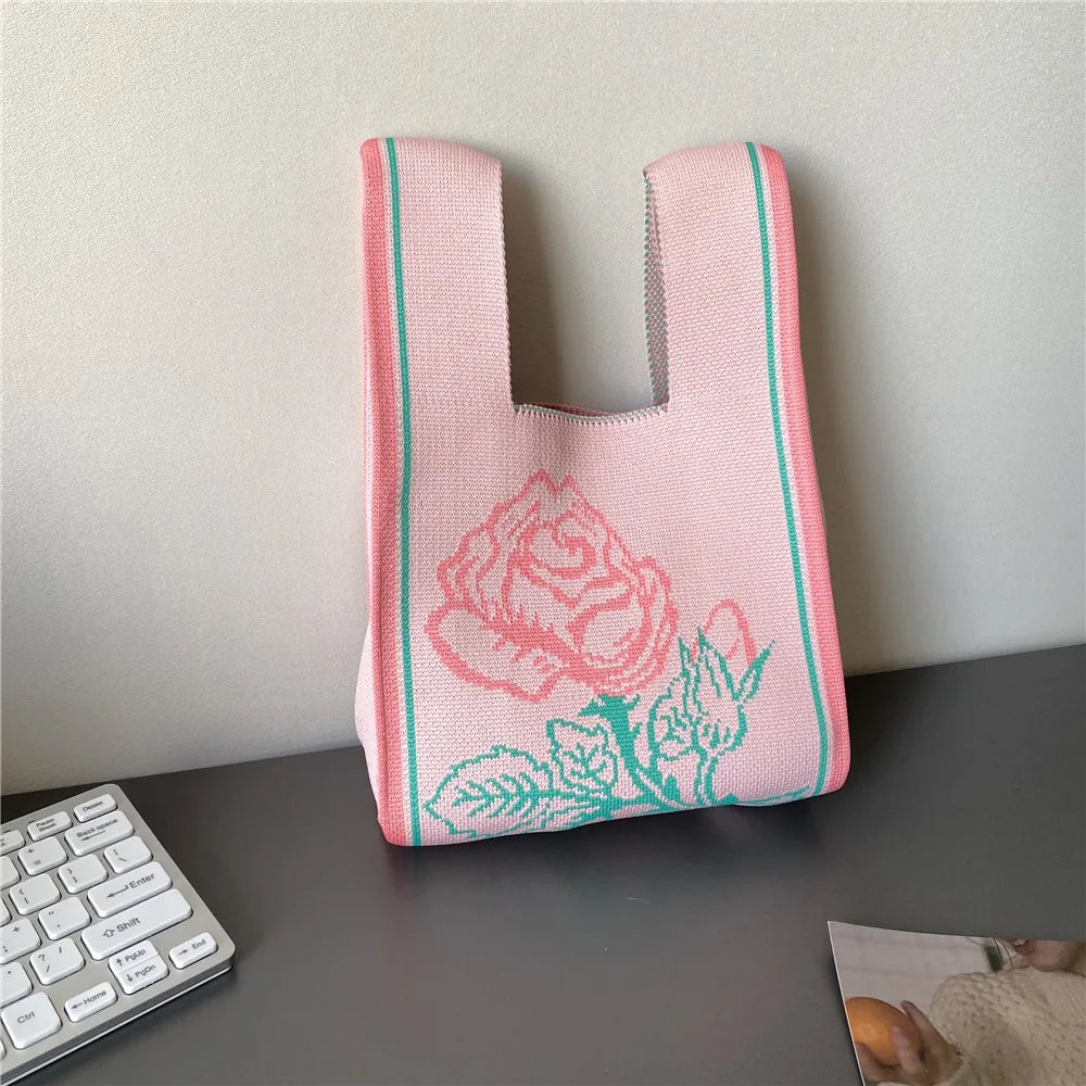 21*33cm Women Knitting Rose Style Handbag Girls Student Bags