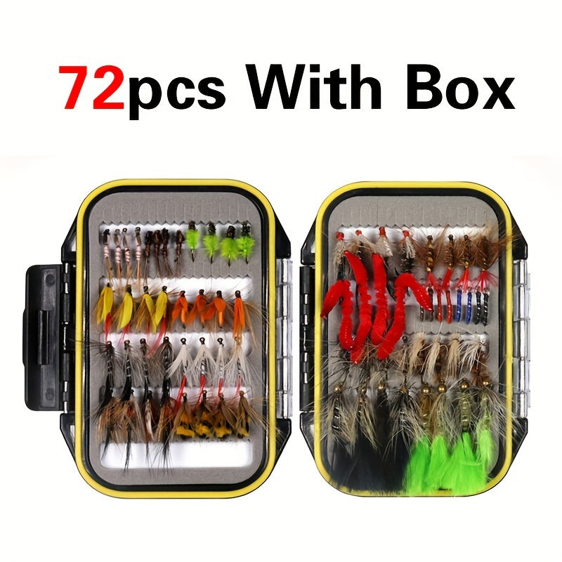 72 Trout Fishing Flies Dry Wet Nymph Midge Larvae Set With Fly Box