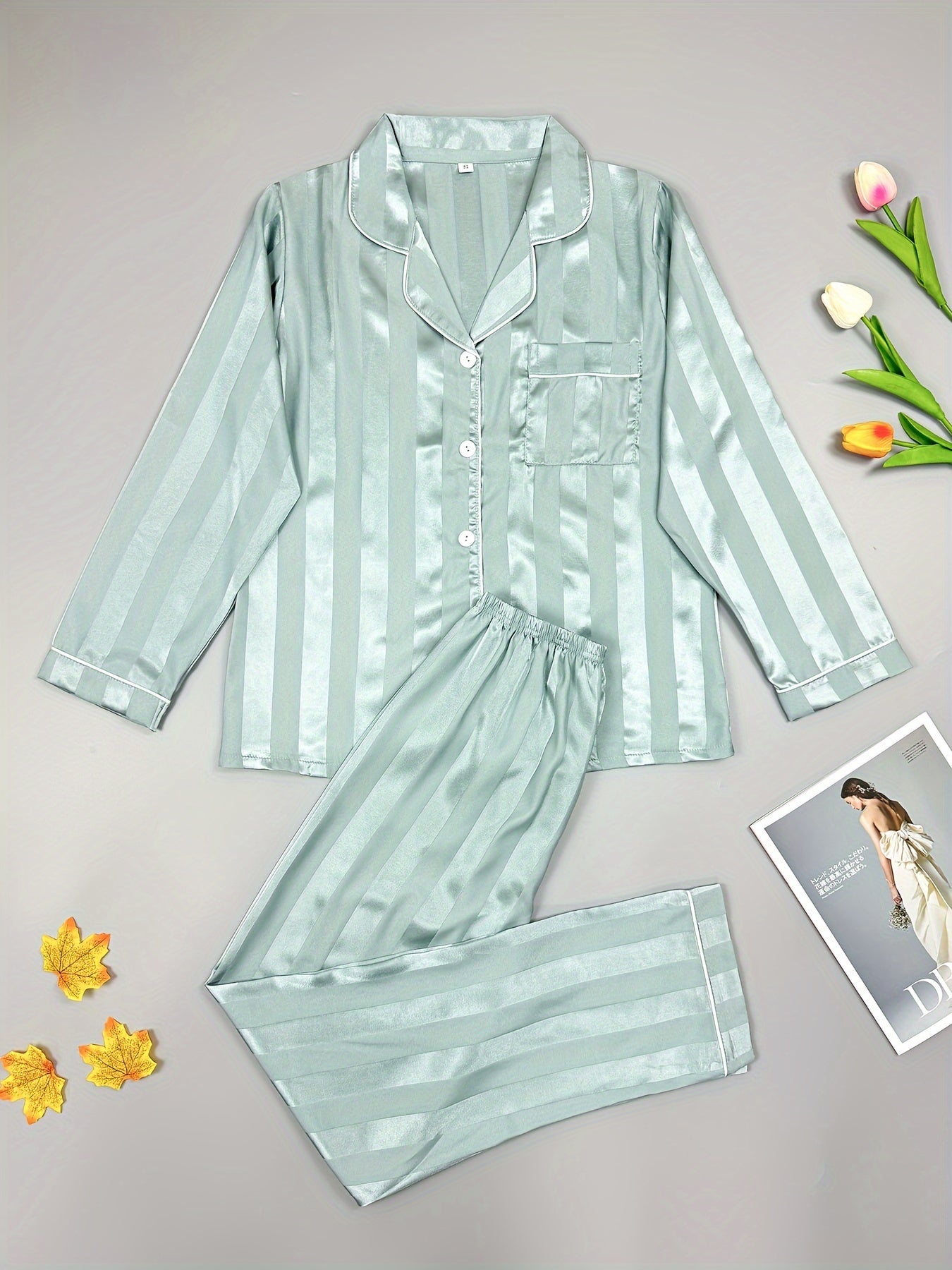 Striped Satin Pajama Set Long Sleeve Buttons Top & Elastic Waistband Pants