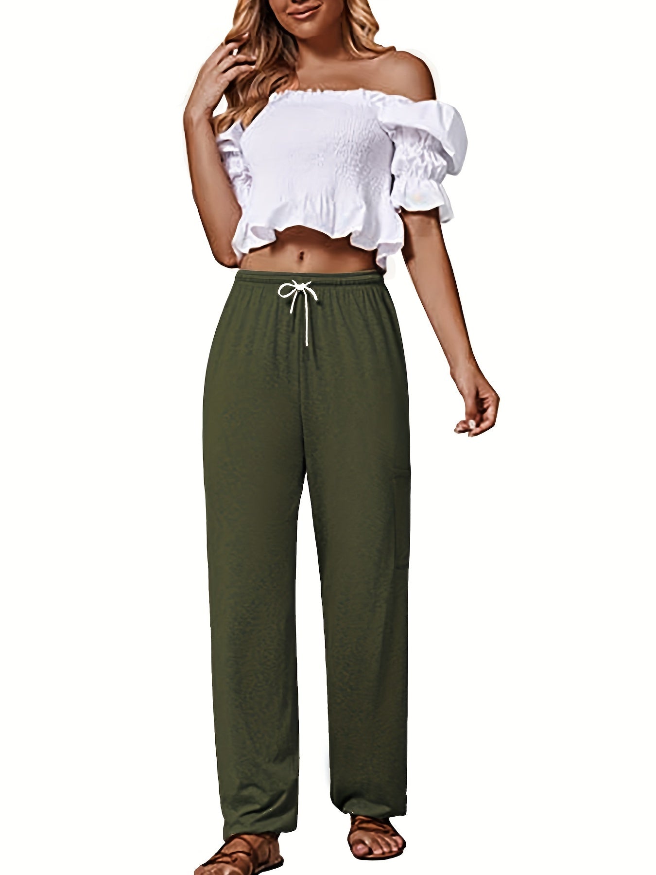  Casual Pants Solid Elastic Drawstring Medium Stretch Pants