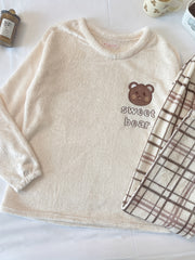 Teddy Bear Pattern Pajamas & Plaid Pants Set