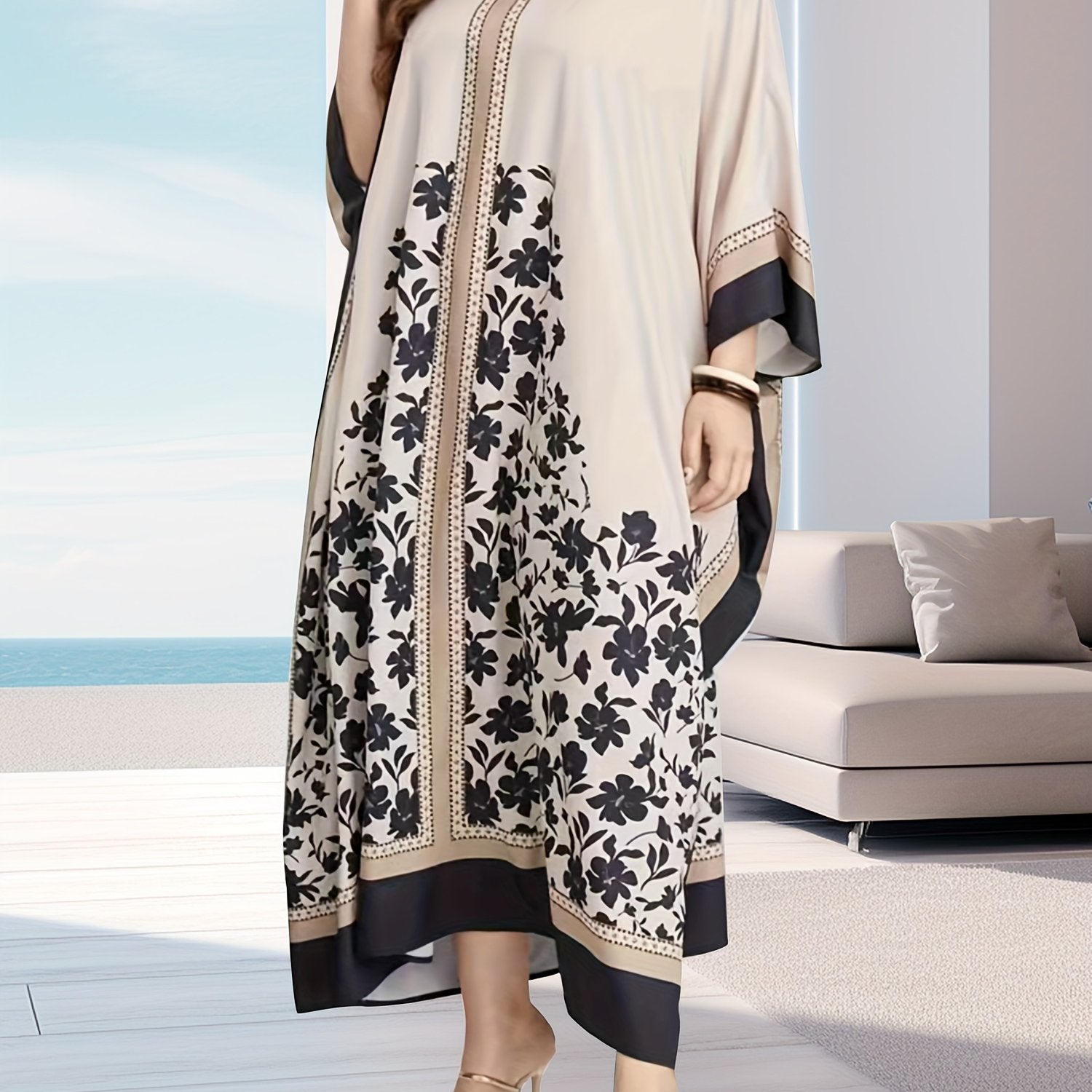 Floral Print Batwing Sleeve Cover Up Dress