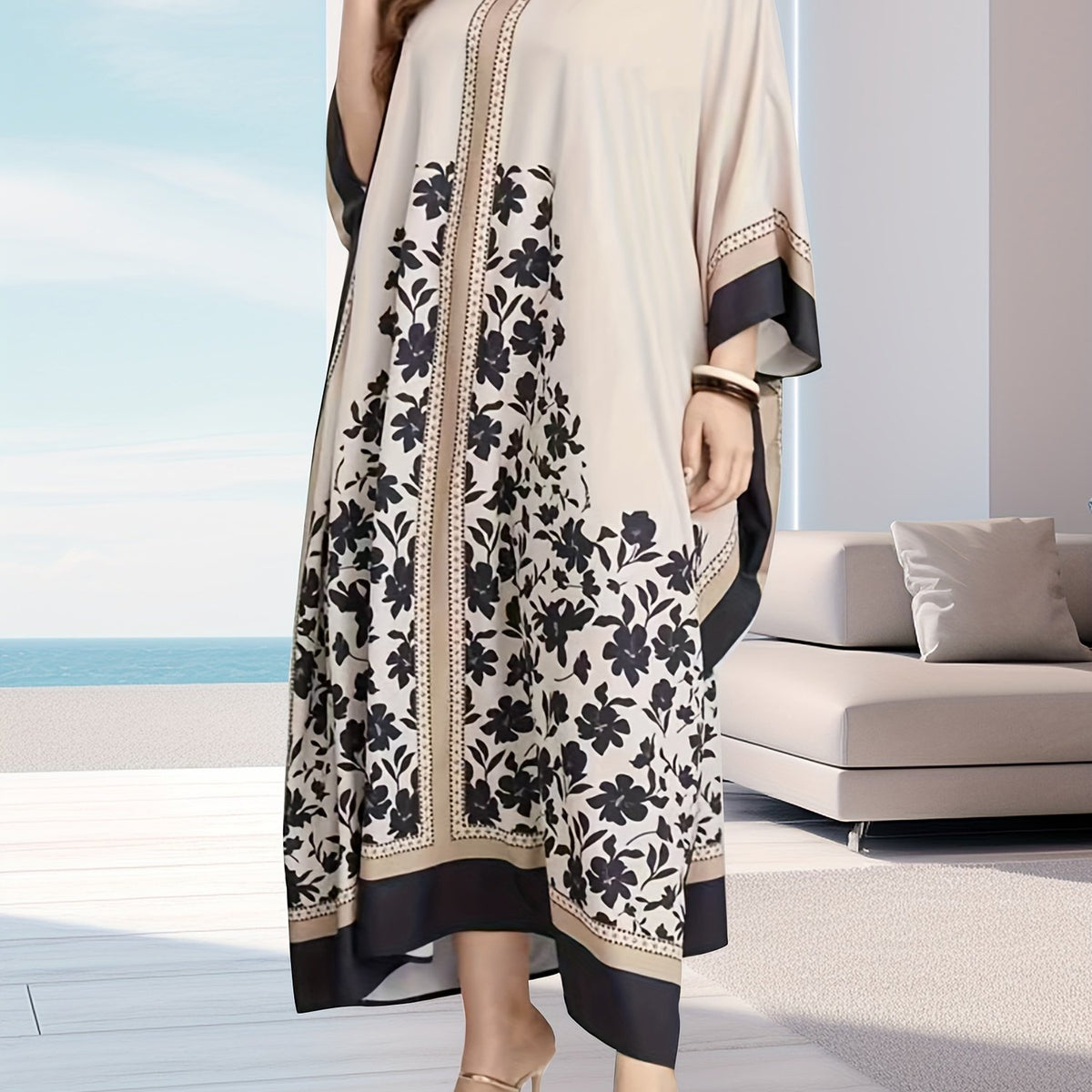  Floral Print Batwing Sleeve Cover Up Dress