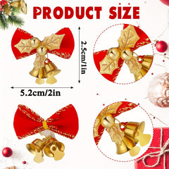 10pcs Christmas Bows With Bells Red Golden Ornaments For Christmas Tree