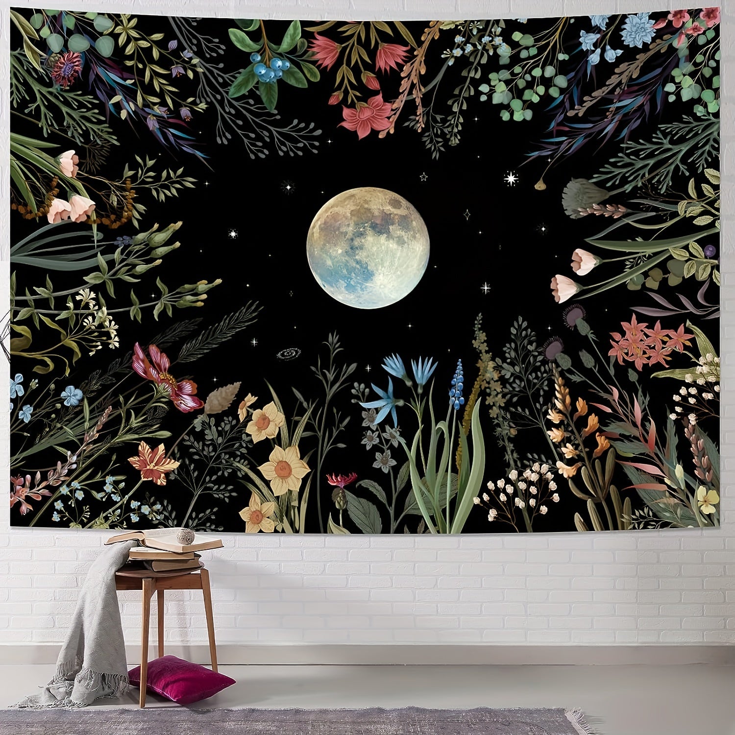 Moonlit Garden Tapestry Flower Colorful Plants Wall Blanket