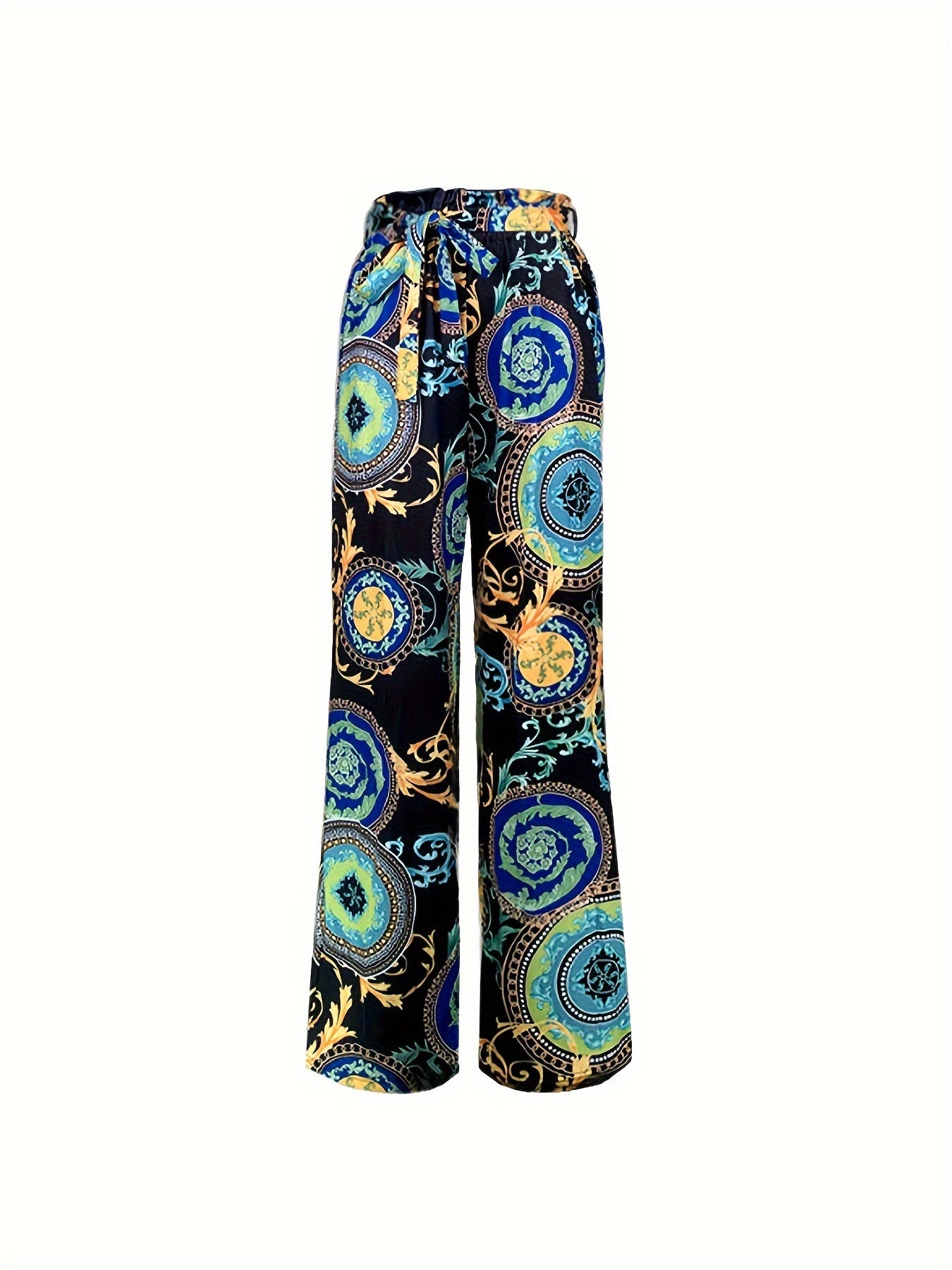  Boho Baroque Print Wide Leg Trousers With Belt