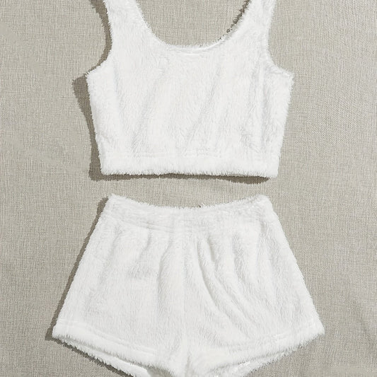 Furry Two piece Set Casual Crop Tank Top & Elastic Waist Shorts