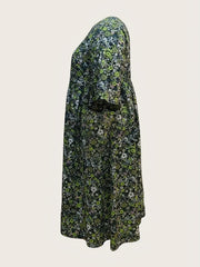Floral Print Dress w/ Pockets Short Sleeve