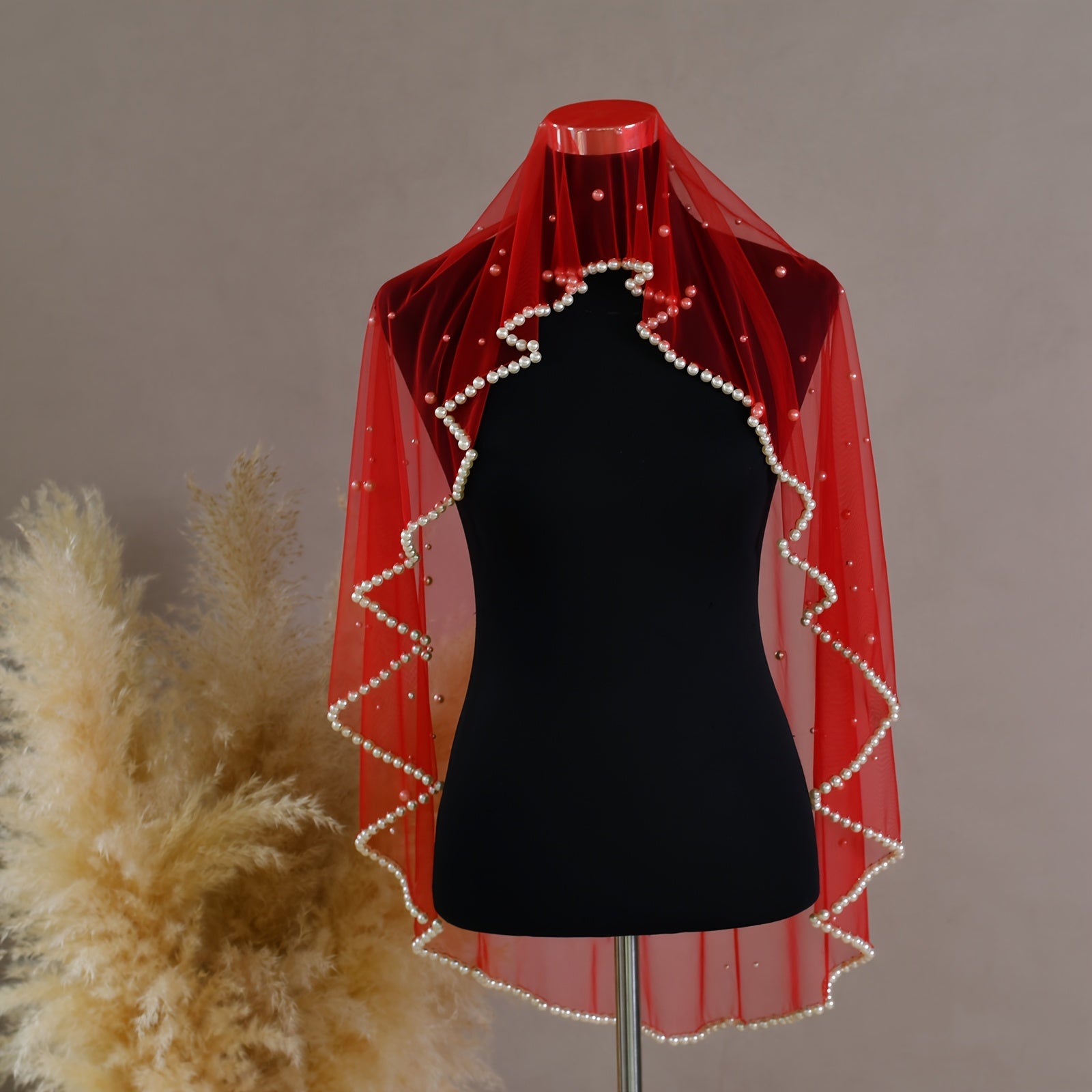 Faux Bridal Veil Red/Golden Wine Soft Nylon Tulle Beaded Edge Hand Wash