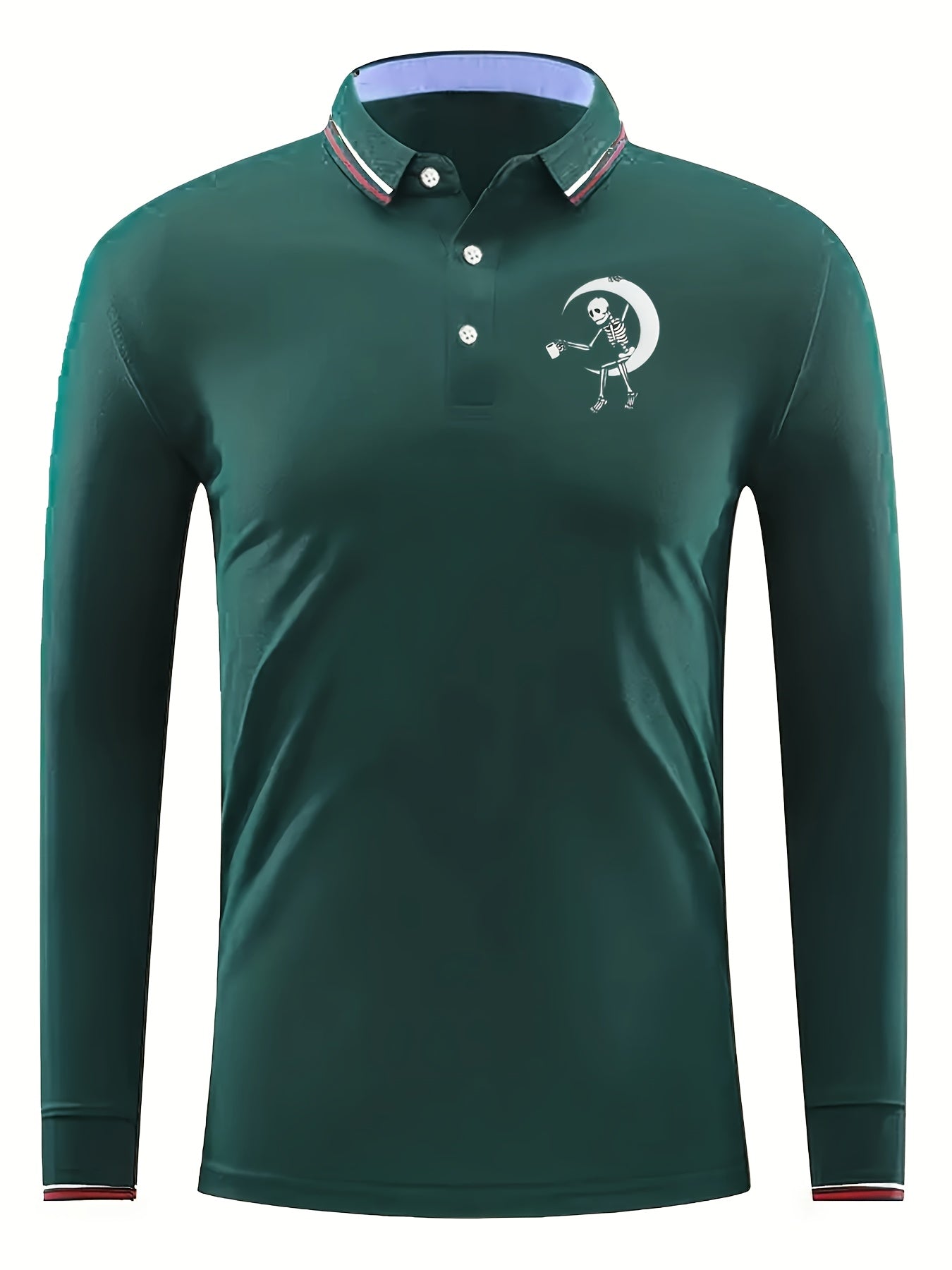 Skeleton On The Moon Pattern Men's Long Sleeve Polo Shirt
