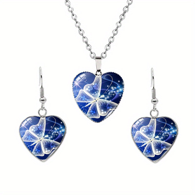 Butterfly Pattern Drop Necklace With Heart Shape Glass Pendant Neck Chain