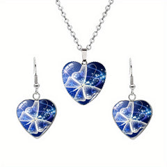 Butterfly Pattern Drop Necklace With Heart Shape Glass Pendant Neck Chain