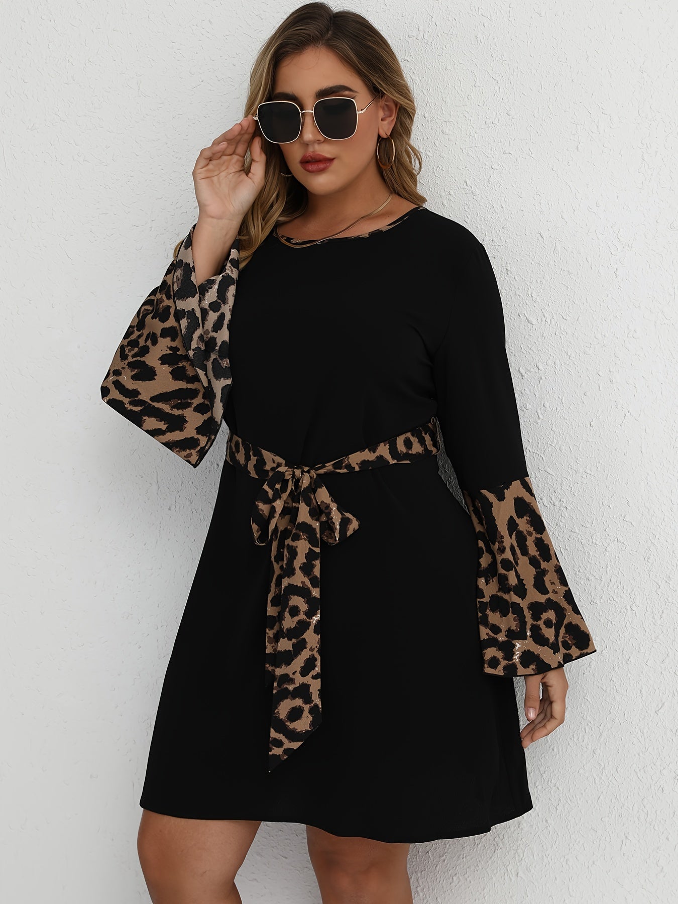 Leopard Print Bell Sleeve Mini Dress Plus Size