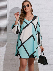  Geometric Print Lantern Sleeve V Neck Mini Dress