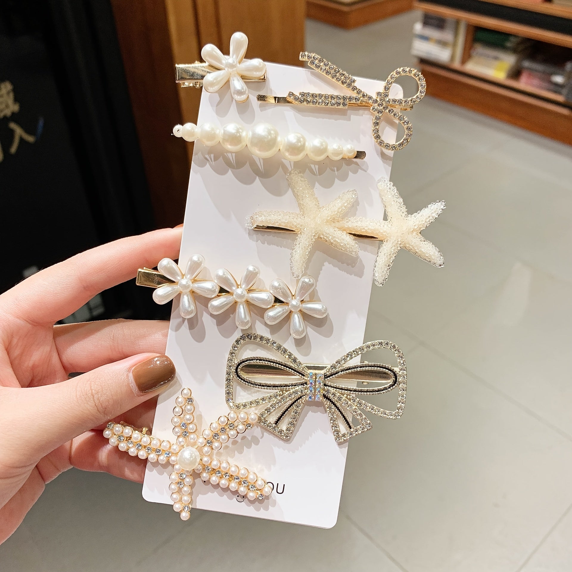 7pcs Faux Pearl Rhinestone Hair Clip Set