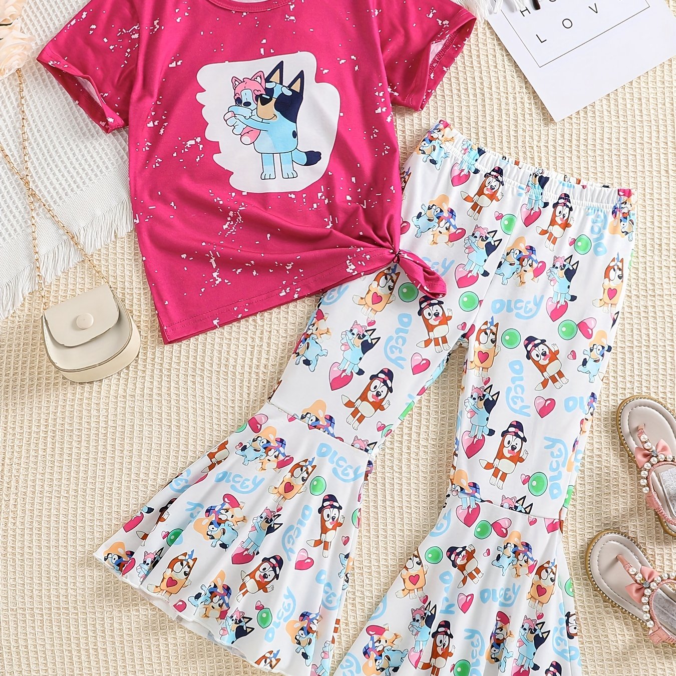 2 Pack Toddler Girls Tie Dyed Bell Bottom Suit Short Sleeve Tee & Pants Set