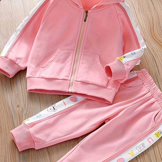 Girl's Cartoon Cat Print Hooded Jacket & Sweatpants Set