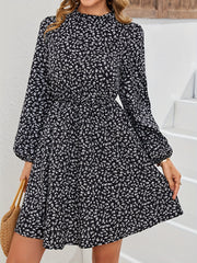 Floral Print Mock Neck Dress Elastic Waist Long Sleeve Mini Dress