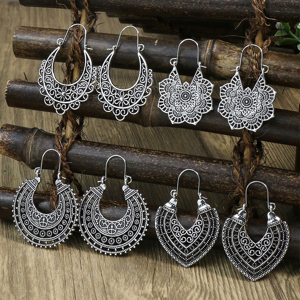 Vintage Ancient Silver U Shaped Earrings Women's Boho Hollow Dangle Earrings