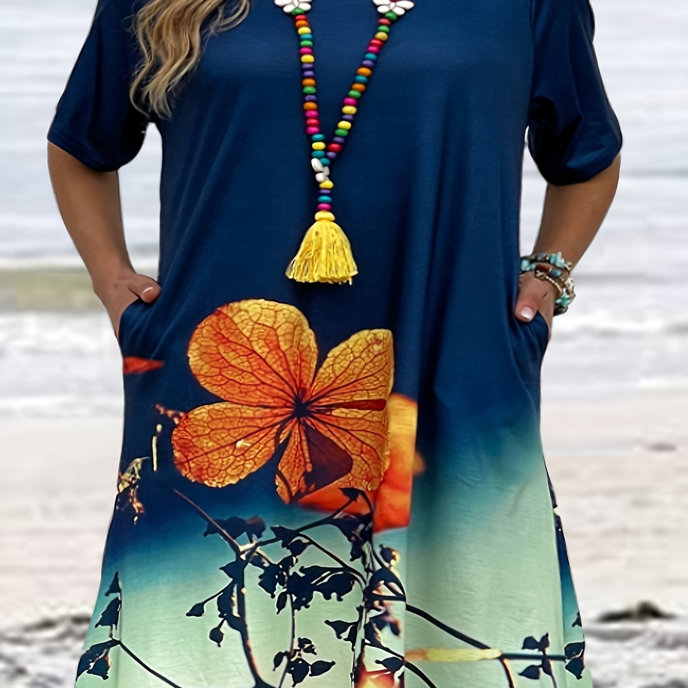  Floral Print Short Sleeve Tee Dress With Pockets