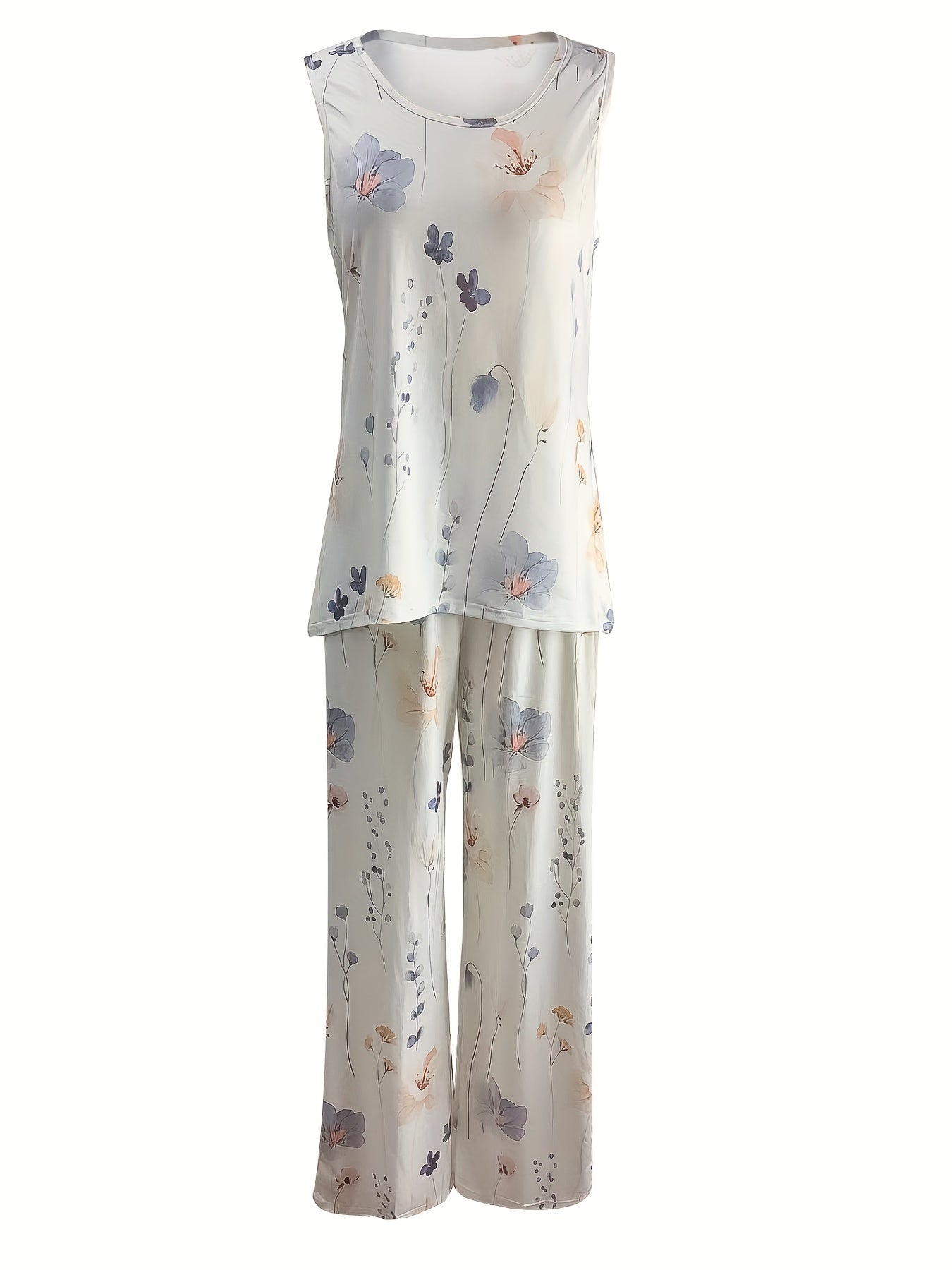 Floral Print 2pc Set Crew Neck Tank Top & Wide Leg Pants Outfits