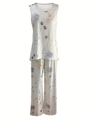 Floral Print 2pc Set Crew Neck Tank Top & Wide Leg Pants Outfits