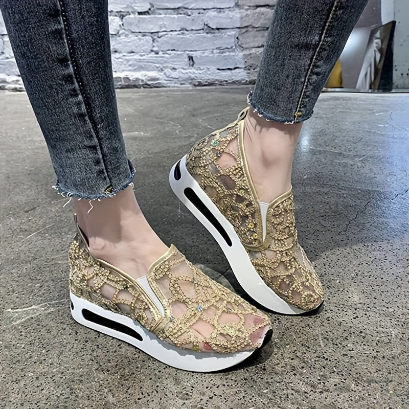 Sequins Platform Loafers Lace Slip On Walking Shoes