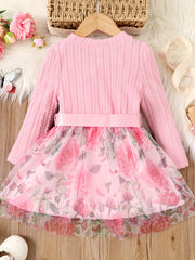 Toddler Girl Bow Front Floral Pattern Long Sleeve Dress