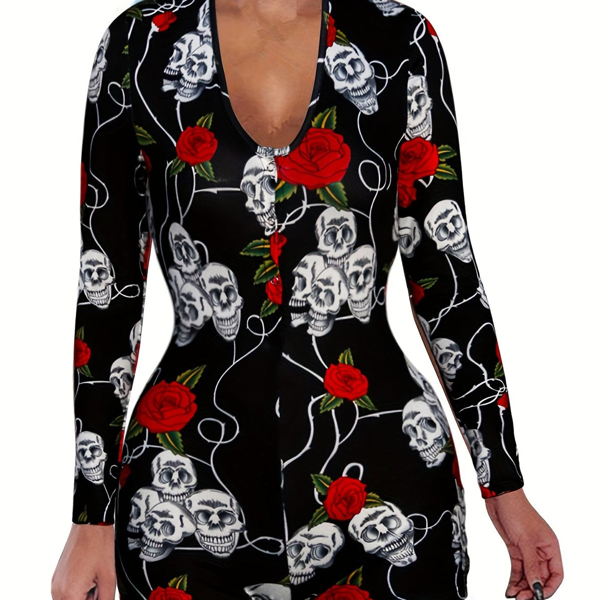 Skull & Rose Print Lounge Romper Long Sleeve V Neck Buttons Women's Loungewear