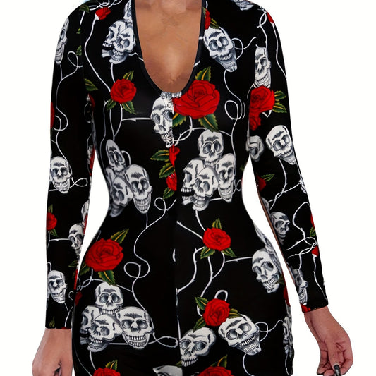 Skull & Rose Print Lounge Romper Long Sleeve V Neck Buttons Women's Loungewear