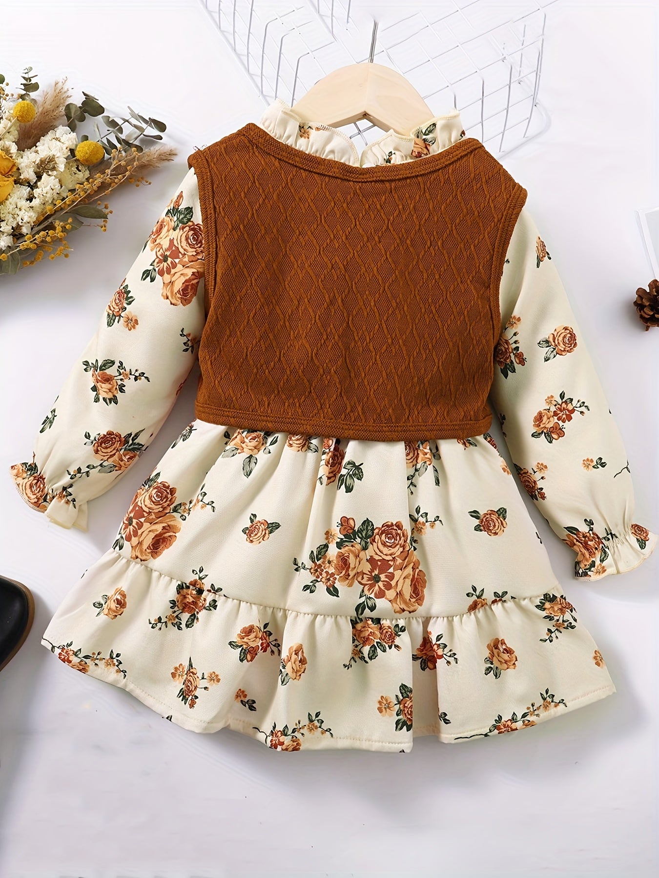2pcs Toddler Girls Knit Vest Floral Dress Set