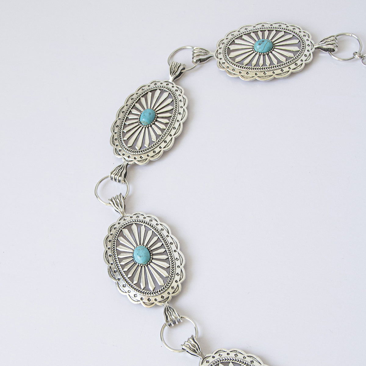 Turquoise Chain Waist Belt Silver Cowgirl Western Oval Tripe Belts