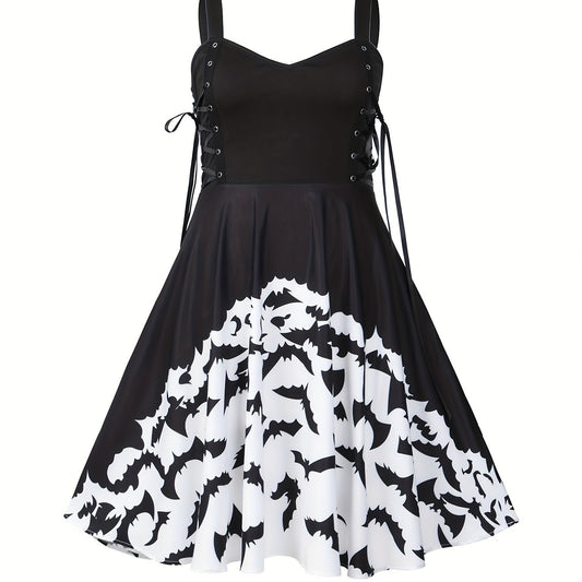  Halloween Goth Dress Women's Plus Bat Print Lace Up V Neck A line Tank