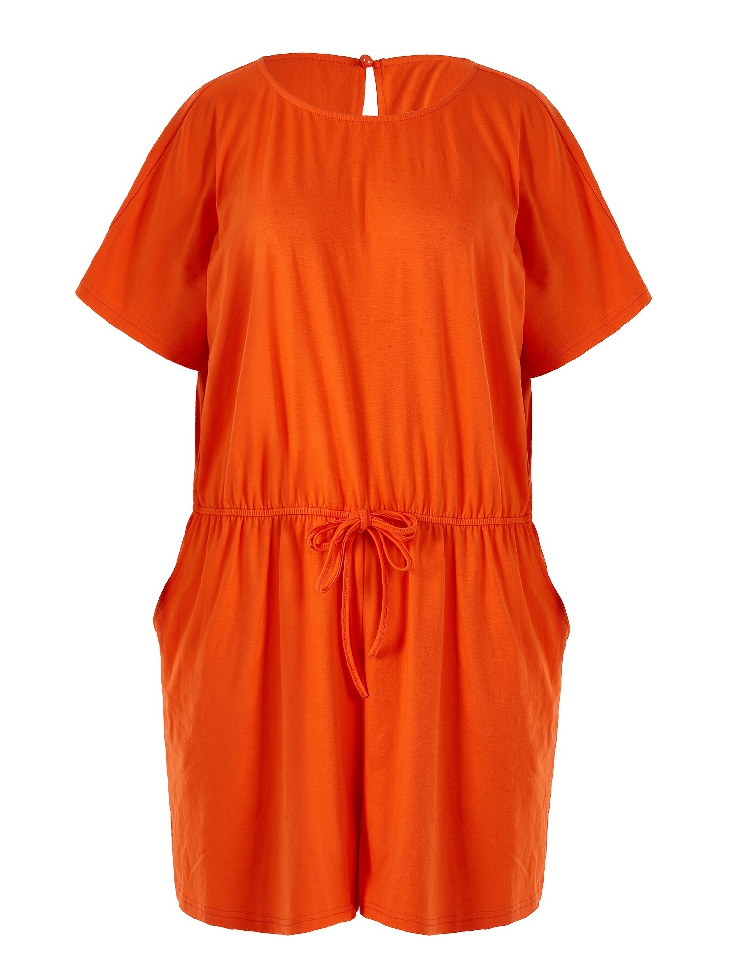  Casual Romper Women's Plus Solid Drawstring Cut Out Back Short Sleeve