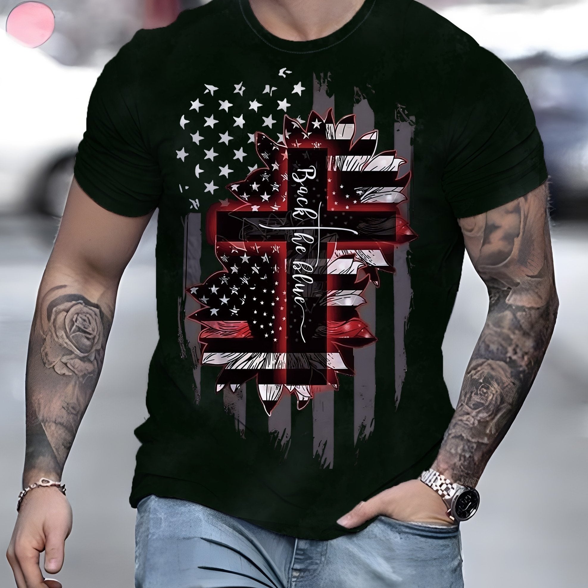 Flag Cross Pattern Print Men's Short Sleeve Comfy T-shirt