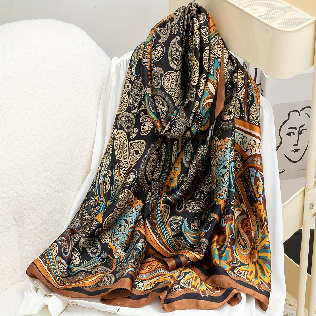 Boho Paisley Flower Print Scarf Satin Head Wrap Silky Shawl