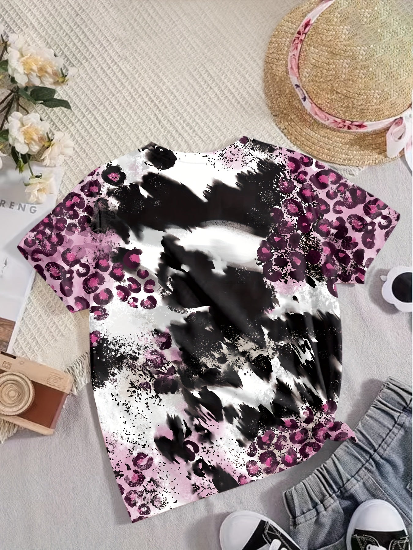 Girls Leopard Print Sunflower Graphic Tee Short Sleeve T Shirt