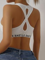 Letter Print Ribbed Sports Bra Comfy & Breathable Running Workout Bra
