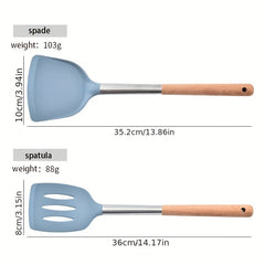 3pcs Silicone Kitchen Utensils Set Wooden Handle Heat Resistant Cooking Utensils