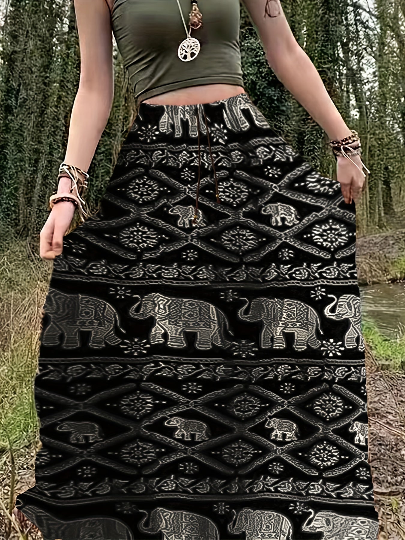 Hippie Patchwork Print Drawstring Skirt Boho Skirt Spring Summer Women's